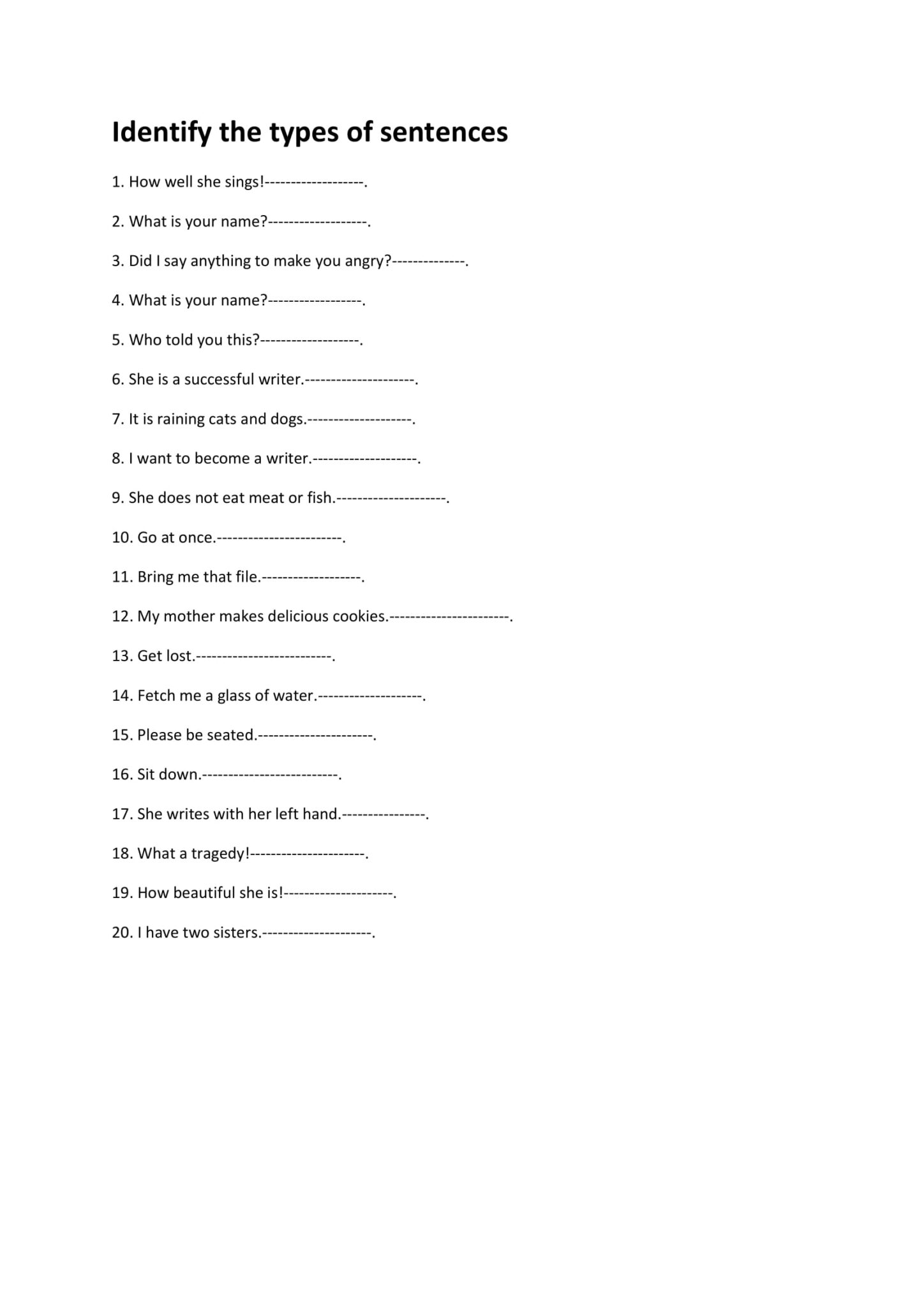 Types of Sentences Worksheet For Class 4 to 12 - English Notes Guru